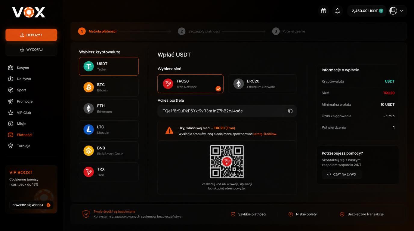 Obraz pokazuje wybór sieci krypto przy wpłacie