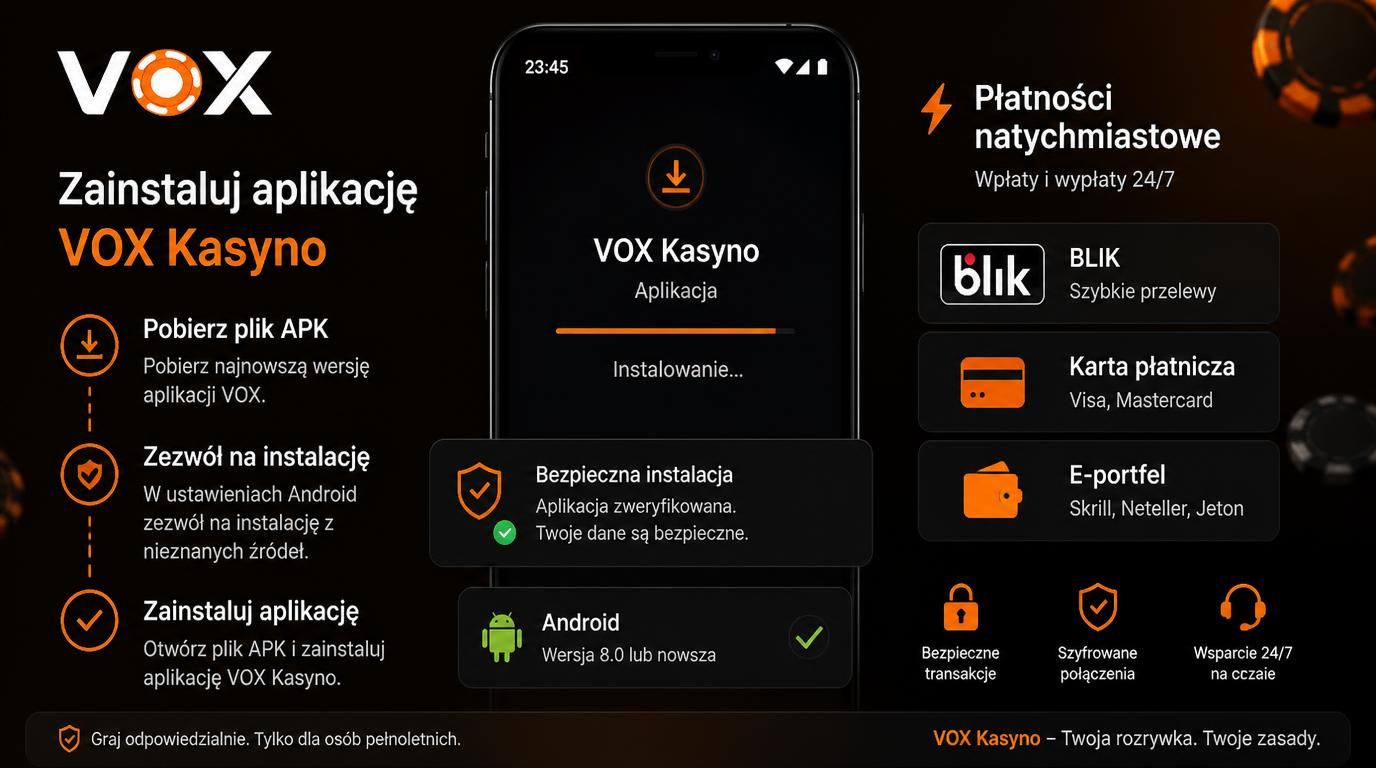 Telefon instalujący apk Vox Casino z ikonami BLIK i e-portfela oraz komunikatem bezpieczeństwa