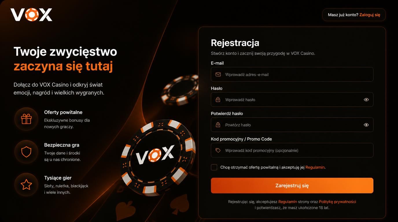 formularz z polem promo code i checkboxem w interfejsie kasyna Vox Polska