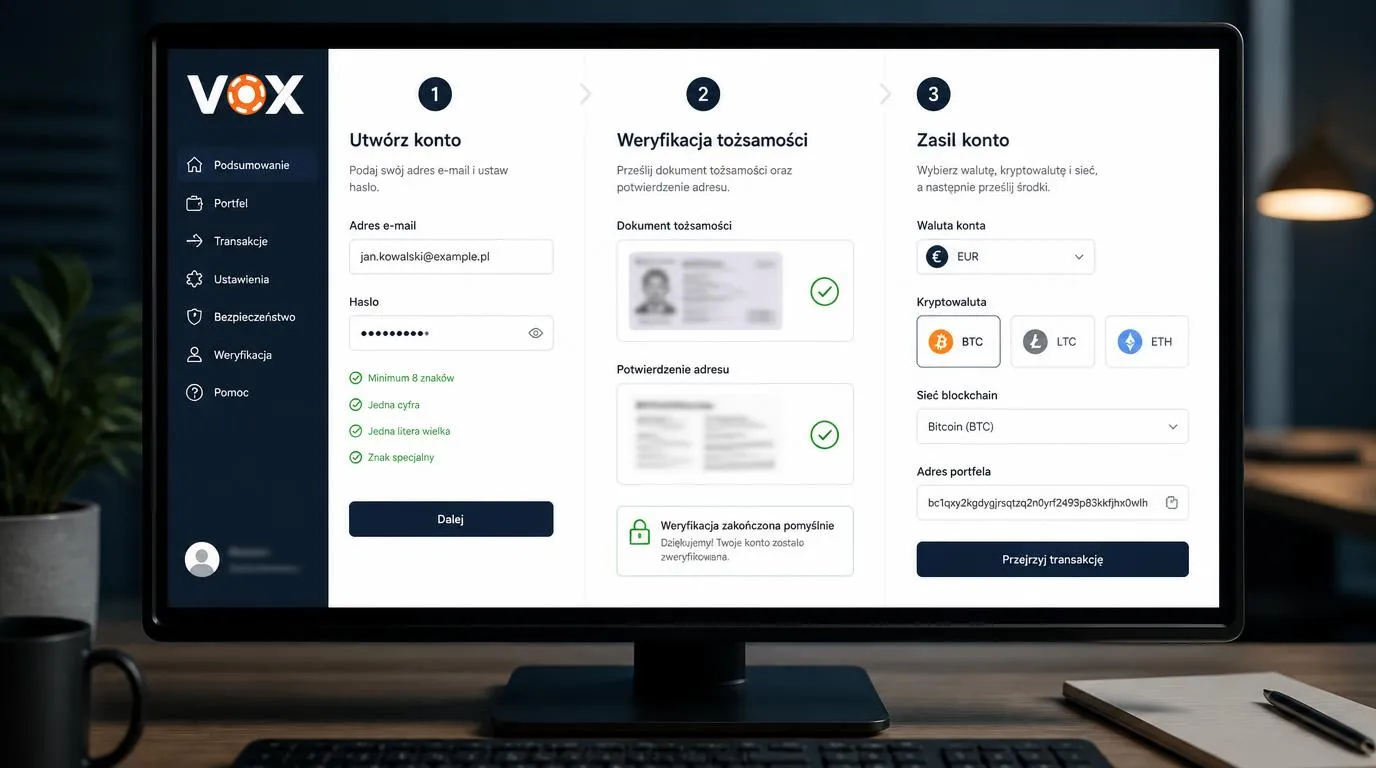 Panel konta kasyna z formularzem rejestracji, weryfikacją dokumentów i wyborem wpłaty kryptowalutowej