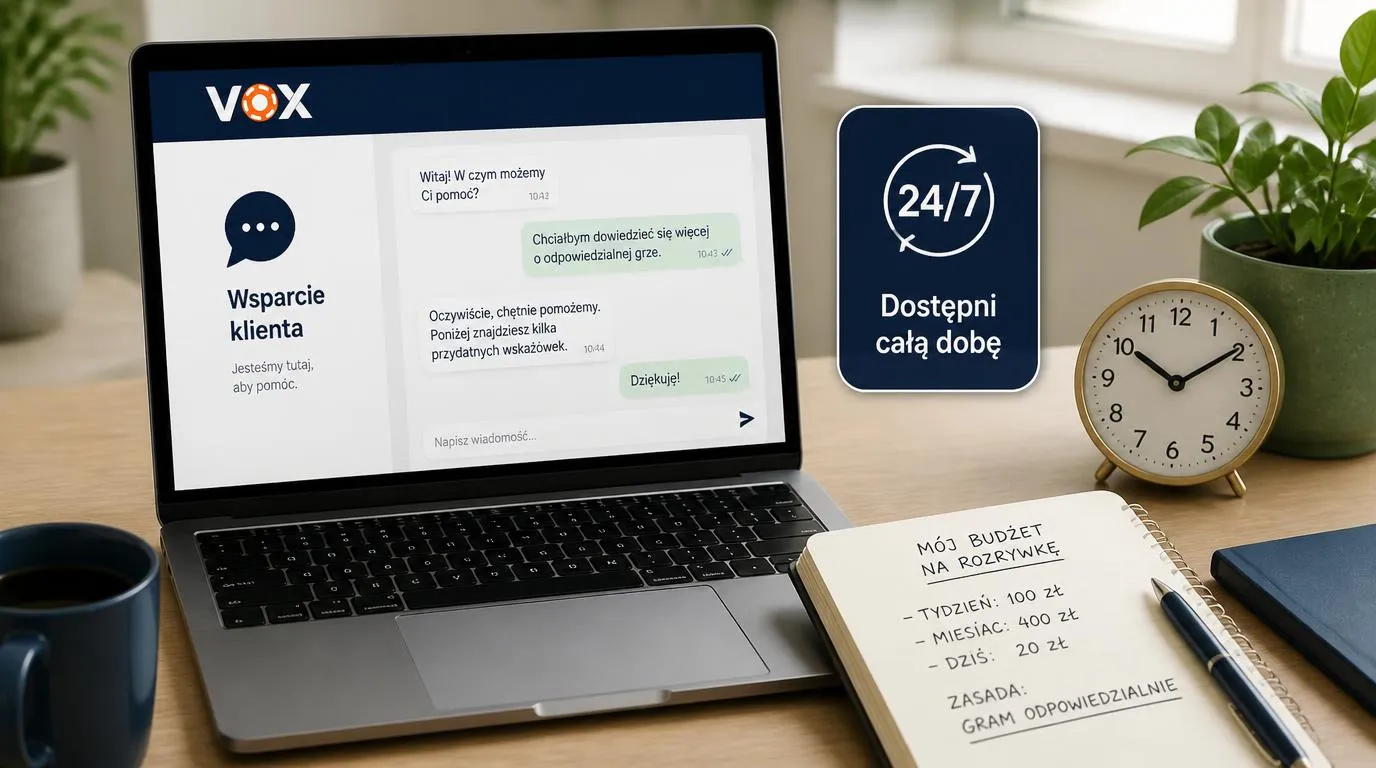 Panel czatu obsługi graczy z symbolem dostępności 24/7 obok zegara i notatnika z budżetem
