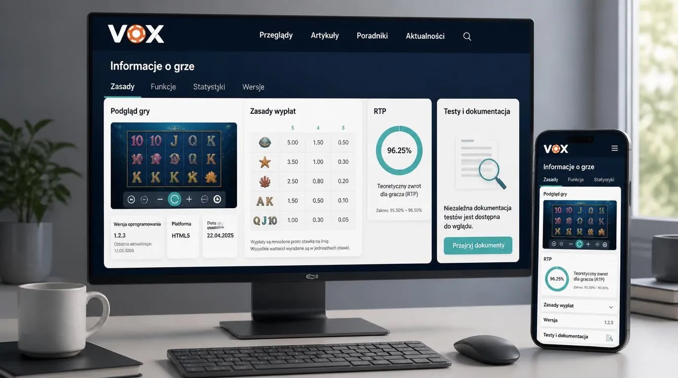 Panel gry kasynowej z zasadami, parametrem RTP i informacjami o niezależnych testach oprogramowania